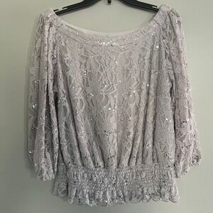 Helene Blake Silver Lace Sequin Smocked Waist Blouse Top Romantic Size L festive